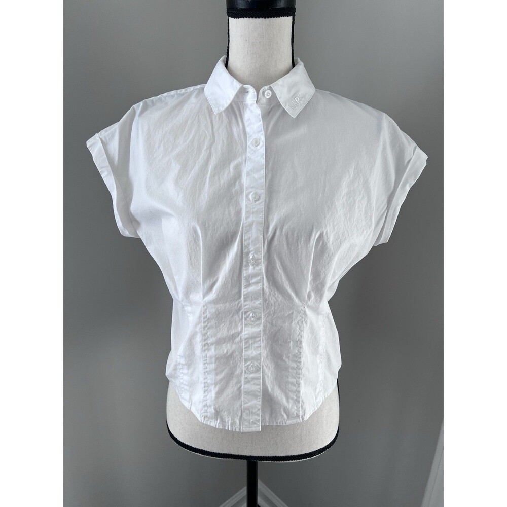 Karl Laggerfield Short Sleeve Cinched Pleated Waist Buttondown Shirt Small EUC